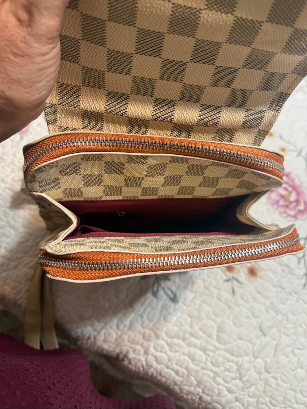Designer inspired Cream & Beige Checkered Backpack Tan Straps Orange Zipper